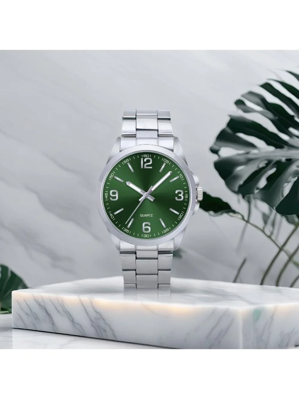 Men's Silver And Green Analog Stainless Steel Case Arabic Numerals Classic Watch